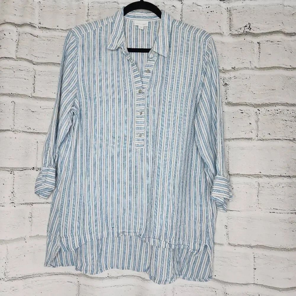 J. Jill Womens Multicolor Linen Stripe Collared 3/4 Sleeve Popover Top Medium